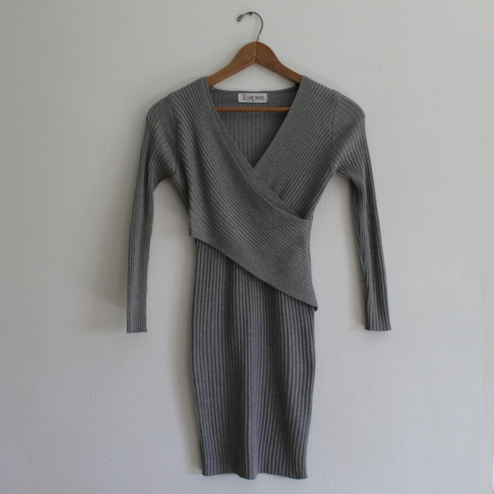 Grey Ribbed Cross Over Bodycon Dress - Picture 1 of 7